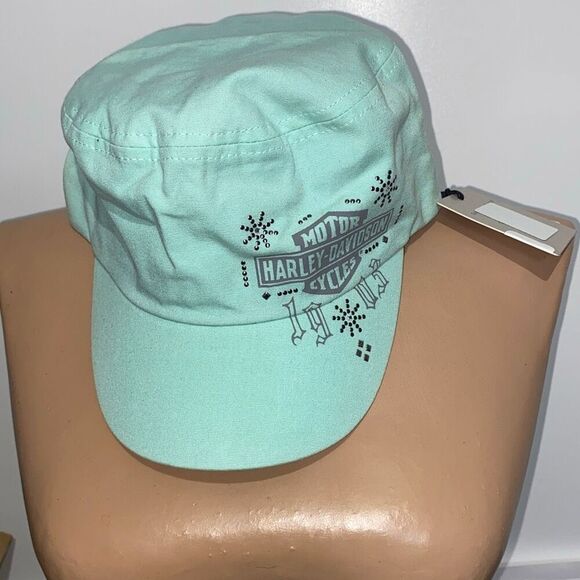 Harley-Davidson Women's Green Bar & Shield Embellished Flat Top Cap One Size NWT - Picture 1 of 8
